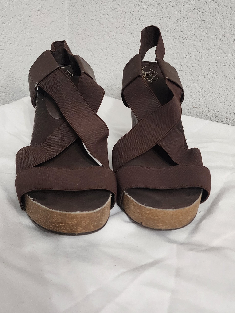 BCBGeneration Dark Brown Elastic Crossover Cork Wedge Sandals